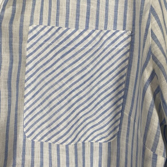 Chicos No Iron 100% Linen Shirt 2 Button Up Blue Striped Beachy Coastal Preppy - Picture 6 of 15